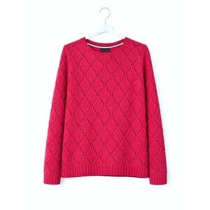 Tommy Hilfiger Deep Pink Pointelle Diamond Knit Bobble Accent Crew Neck Sweater